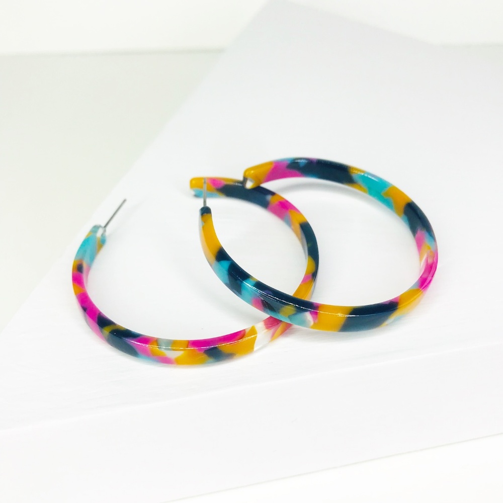 Acrylic Hoop Earrings in Pink, Blue and Yellow - Picture 6 of 7